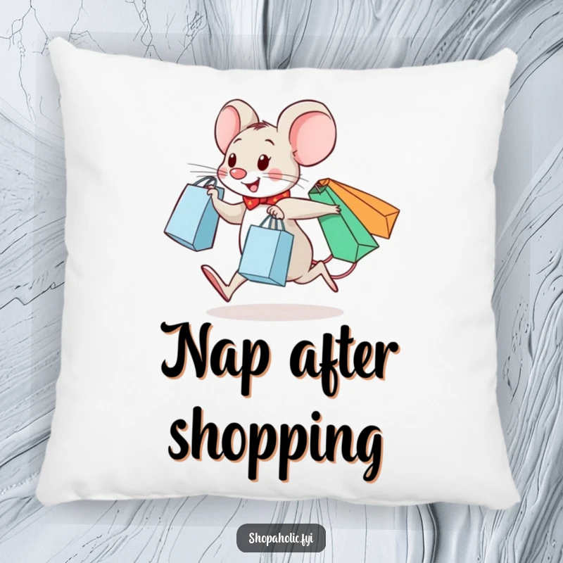 Funny pillow featuring a cheerful mouse skipping with shopping bags, perfect for cozy home decor.