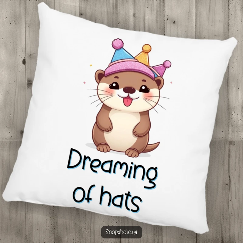 Funny Pillow with a bubbly otter adorably adorned in an assortment of glittering hats, offering cozy comfort and whimsical decor.