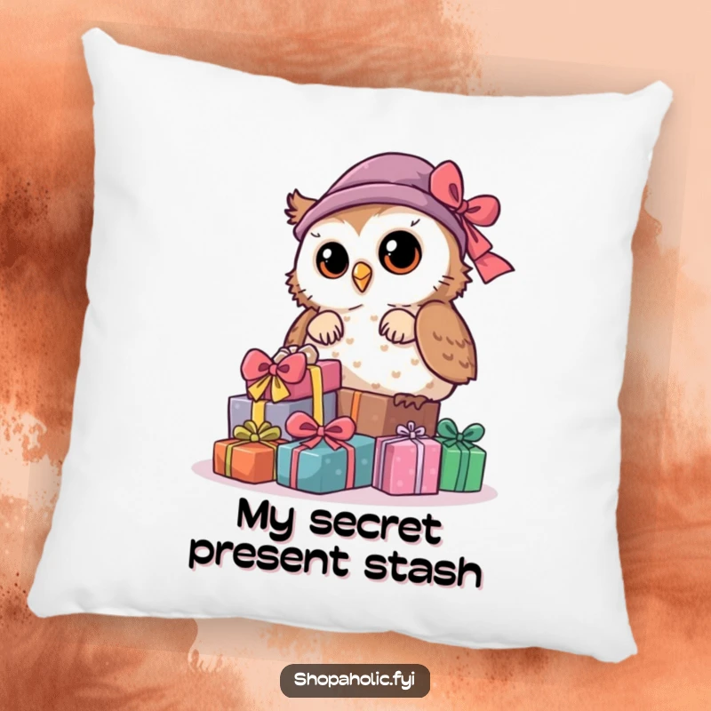 Funny Owl Pillow: A curious owl peeks from behind a pile of gifts, offering a plush and humorous decorative accent.