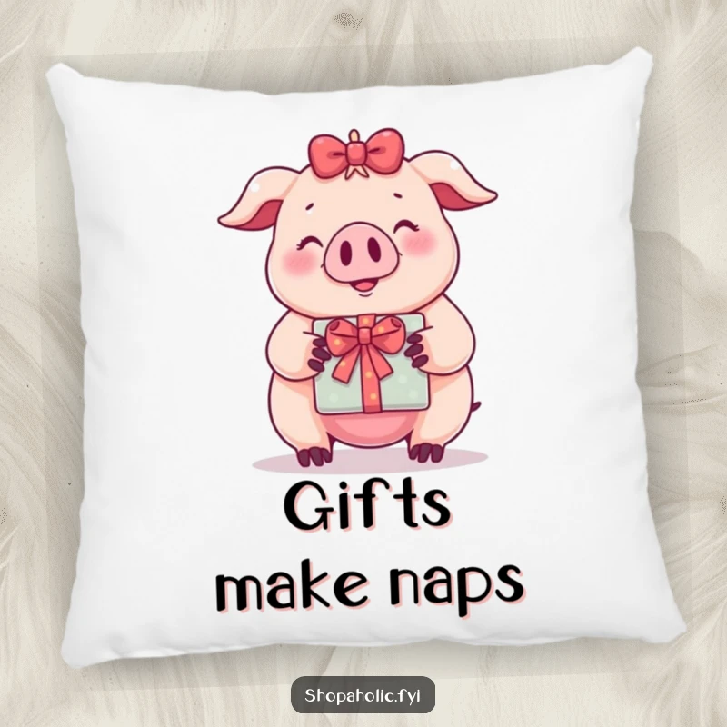 Funny pillow featuring a smiling pig character proudly holding a wrapped gift, perfect for cozy home decor.