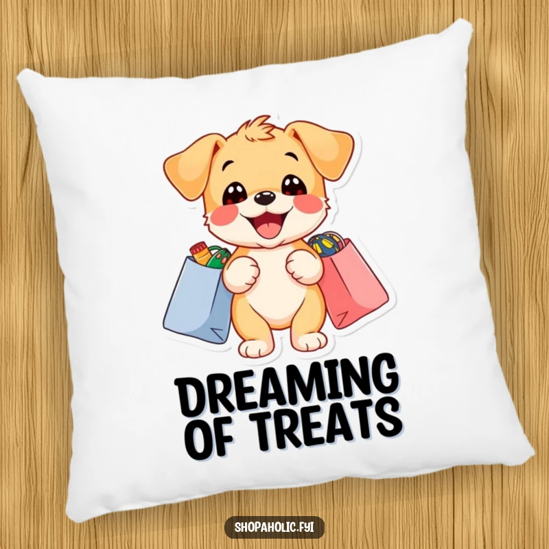 Funny puppy pillow with a delighted puppy holding shopping bags overflowing with colorful items, for cozy decor.