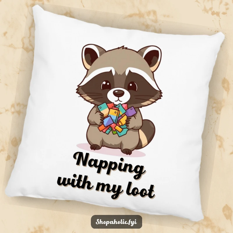 Funny decorative pillow with a raccoon proudly displaying tiny items, offering comfort and a humorous touch of personality.