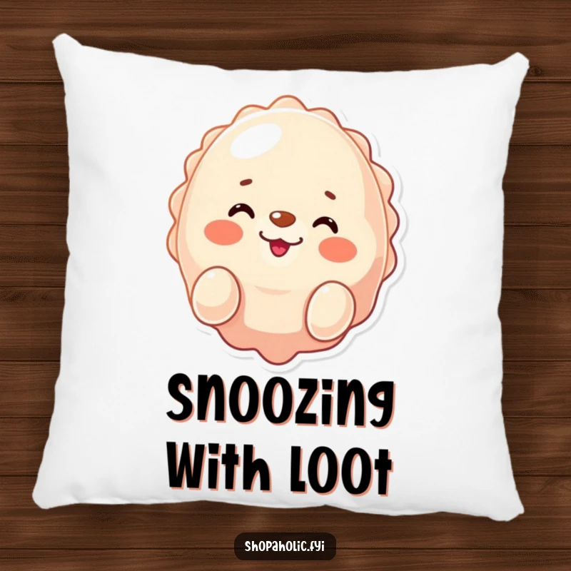 Funny seal pillow, winking and smiling while presenting a shiny purchase, soft and decorative, conveying acquisition joy, a gift.