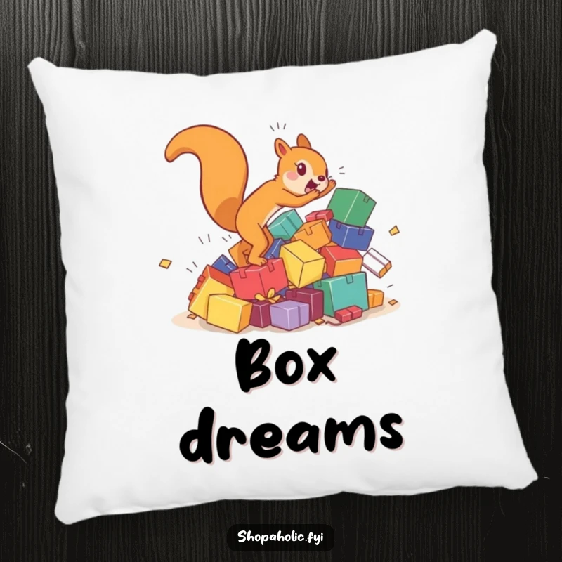 Funny squirrel pillow depicting a hyperactive character chasing a tumbling pile of colorful boxes, offering humorous comfort and decor.
