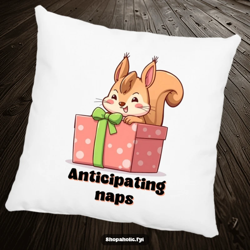 Funny cheerful squirrel peeking into a large gift-wrapped box with anticipation, a soft and amusing decorative pillow.