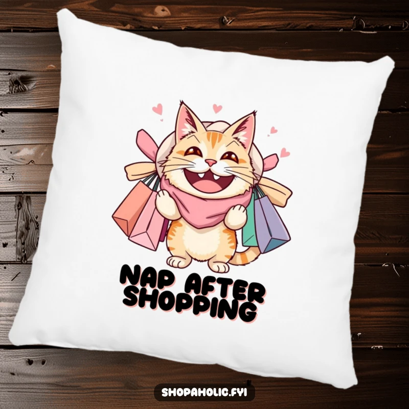 Funny decorative pillow with a cat wearing a huge grin and overloaded with shopping bags, adding humor and feline charm to any room.