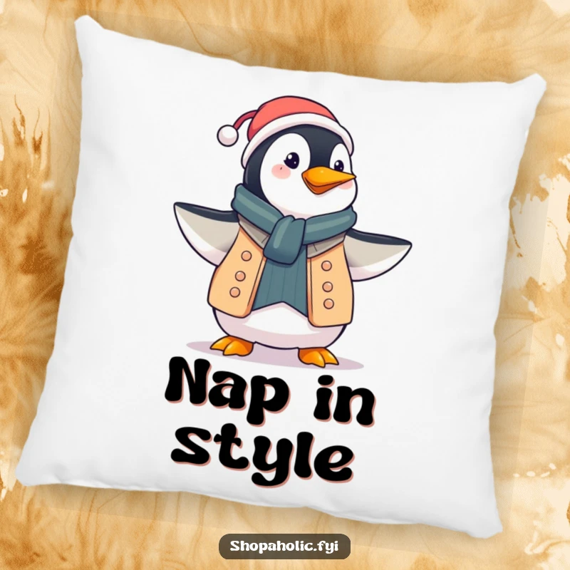 Funny penguin pillow, proudly displaying a new outfit with a flourish, soft and decorative, conveying fashion humor, a gift.
