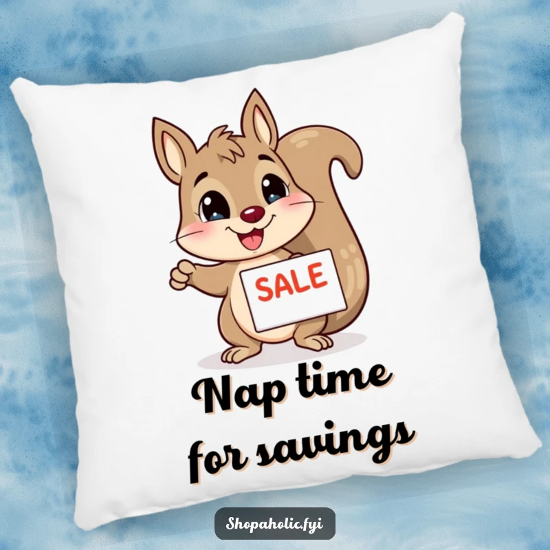 Funny squirrel pillow, enthusiastically pointing to a sale sign, soft and decorative cushion, conveying humor and shopping joy, a gift.