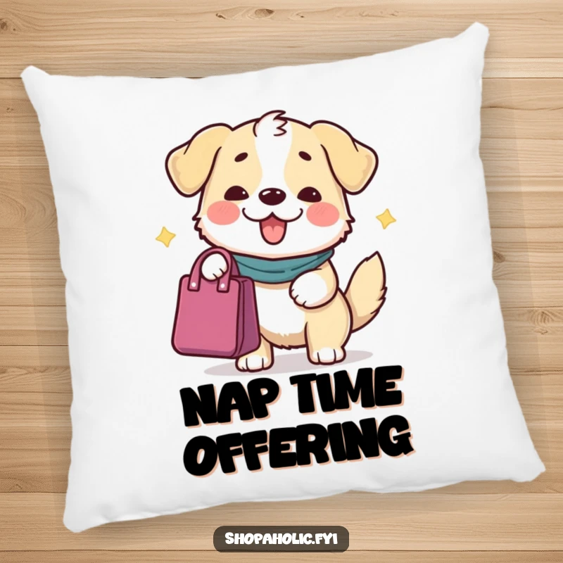 Funny Dog Pillow: A content dog character offering a bag with a grand gesture, bringing cute charm and warmth.