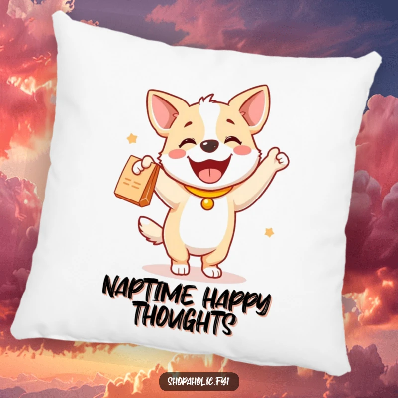 Funny dog pillow showing a happy dog doing a joyful dance with a new purchase, adding comfort and humor to decor.