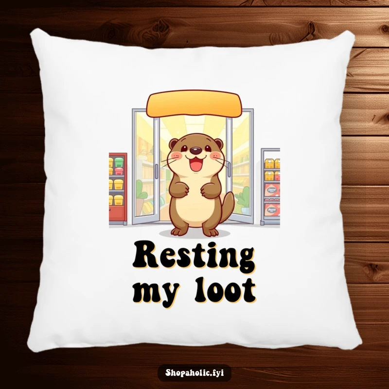 Funny otter pillow, exiting a store with arms full of goods, soft and decorative, conveying shopping joy, a gift.
