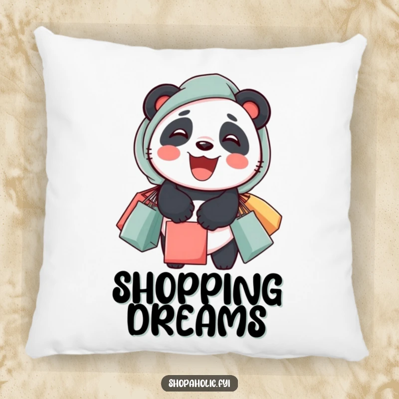 Funny panda pillow depicting a delighted panda with overflowing shopping bags, offering humorous comfort and decor.