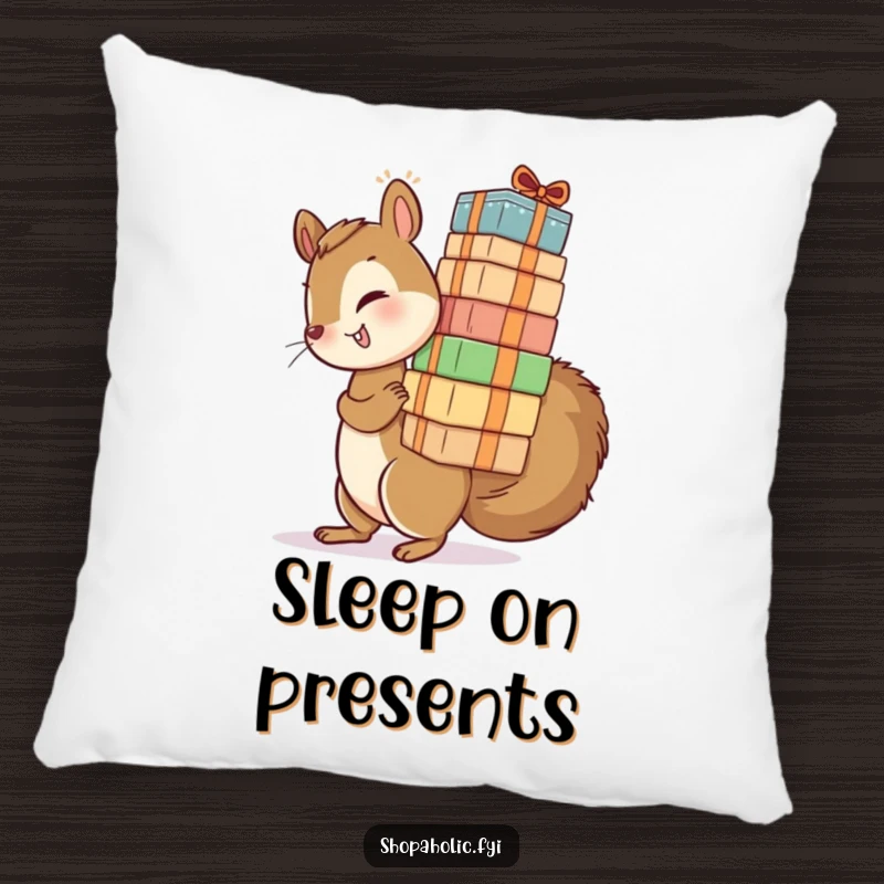 Funny pillow featuring a playful squirrel precariously balancing a huge stack of packages. Soft, decorative, and amusing.