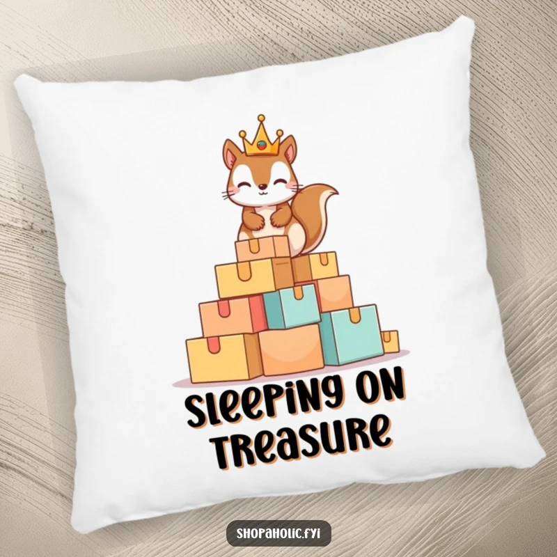 Funny Squirrel King Pillow with a mischievous squirrel wearing a tiny crown on a huge pile of boxes, offering charming and humorous comfort.