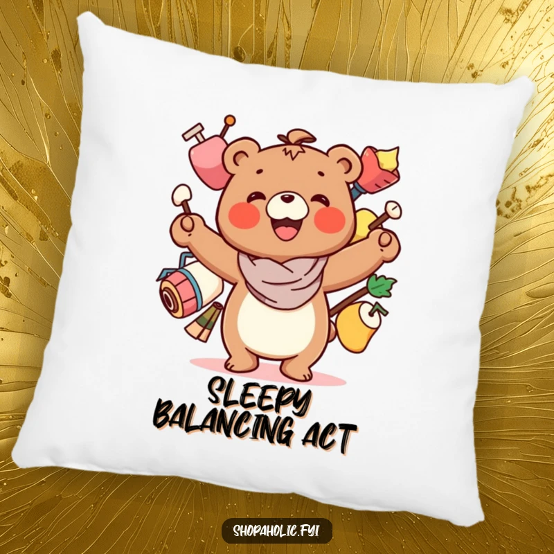 Funny Bear Pillow: A smiling bear character precariously balancing several items, bringing cute charm and humor.