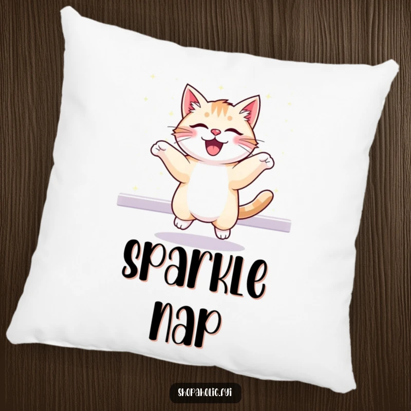 Funny pillow featuring a cheerful, bouncing cat in front of a glittering display. Soft, decorative, and full of charm.