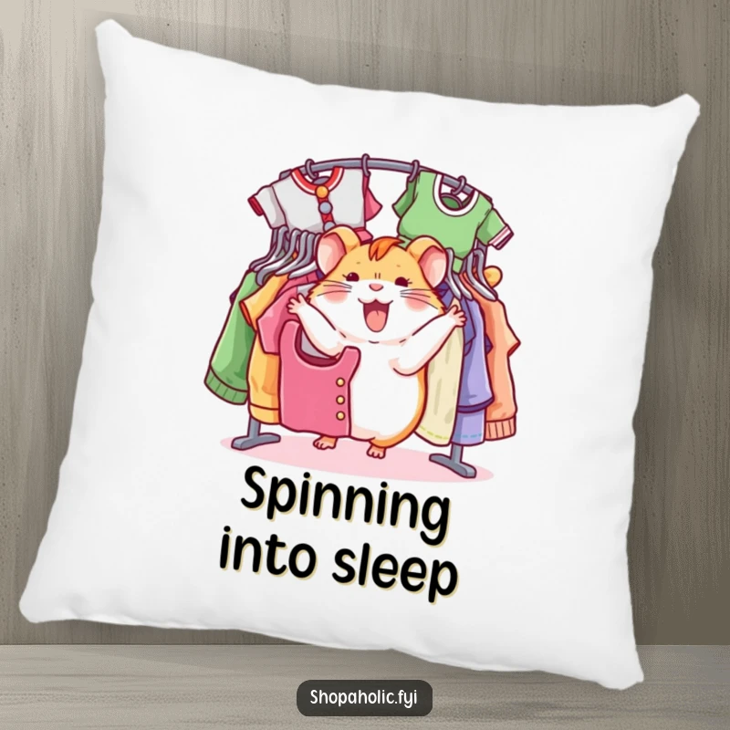 Funny hamster pillow, joyfully spinning around a rack of colorful clothes, soft and decorative, conveying fashion fun, a gift.