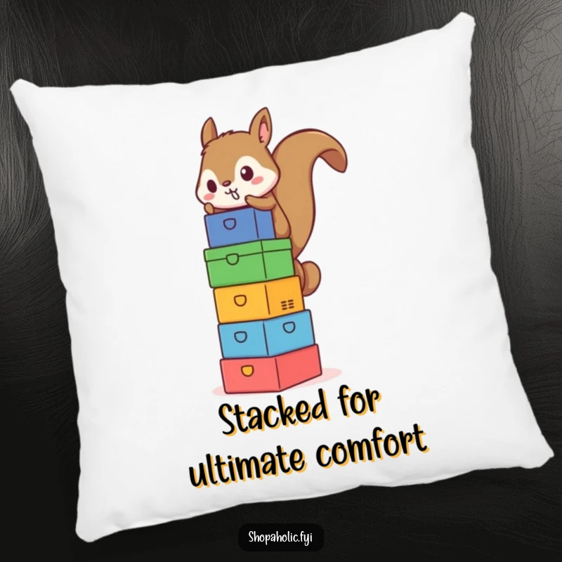Funny Squirrel Box Tower Pillow - Soft pillow featuring a humorous squirrel balancing a precarious tower of colorful boxes, ideal for cozy ambition.