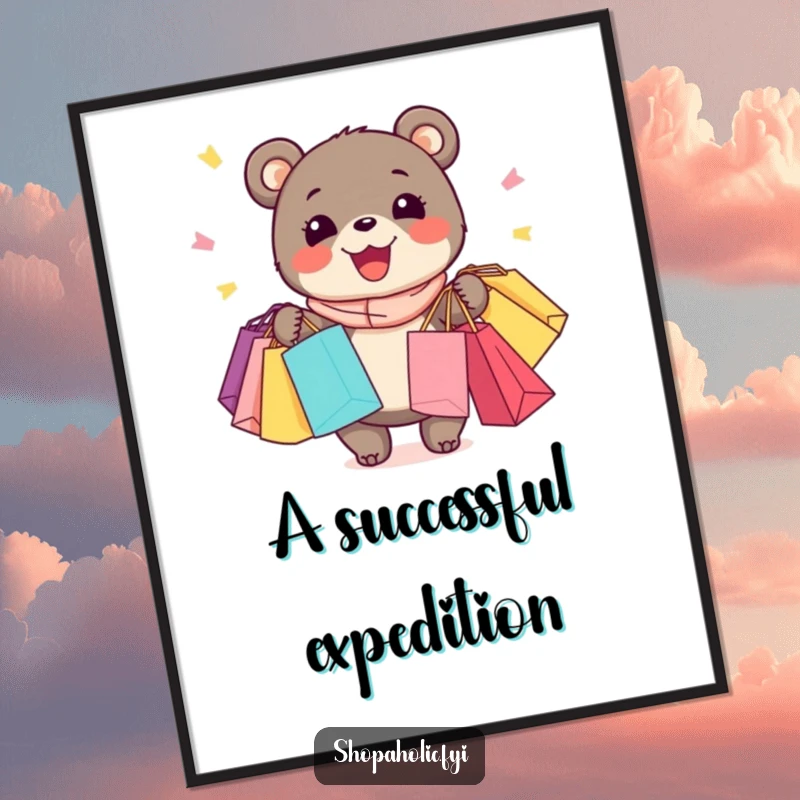 Funny Bear Digital Art Print: Enthusiastic bear with a wide grin, holding many shopping bags, instant download.