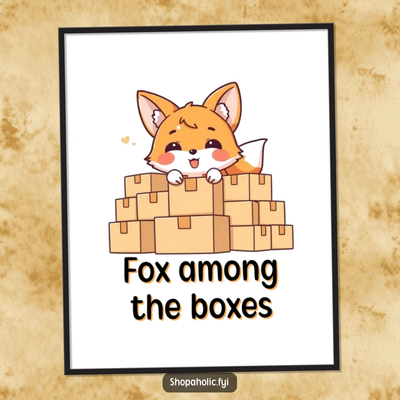 Funny Digital Art Print of a delighted fox character peeking from behind a mountain of boxes, perfect for decor.