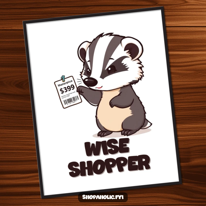 Funny digital art print of a determined badger examining a price tag with a satisfied nod, embodying savvy shopping.