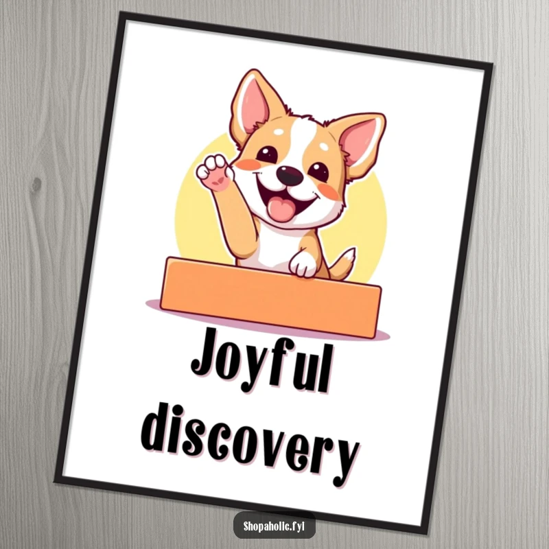 Funny digital art print of an excited dog gleefully reaching for a brightly colored display, perfect for dog lovers and art enthusiasts.