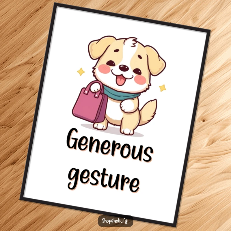 Funny Dog Art Print: A content dog character offering a bag with a grand gesture, a humorous and artistic depiction of generosity.