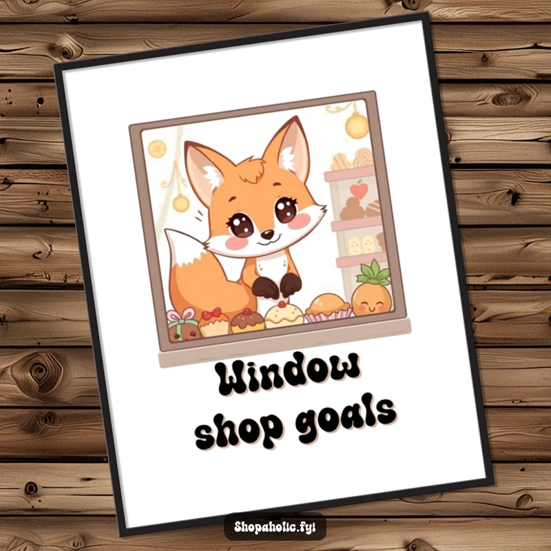 Funny Digital Art Print: A fox with enormous, enchanted eyes stares at a window filled with delicious goodies, capturing humorous desire.