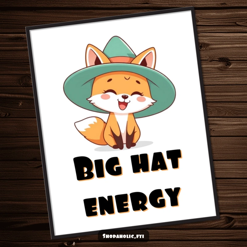 Funny digital art print of a happy fox playfully trying on a ridiculously oversized, fashionable hat. Instant downloadable charm.