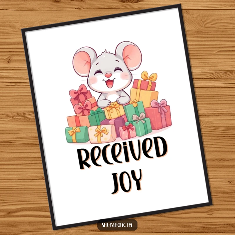 Funny digital art print of a jubilant mouse character surrounded by a massive, colorful pile of wrapped gift boxes, radiating pure holiday joy.