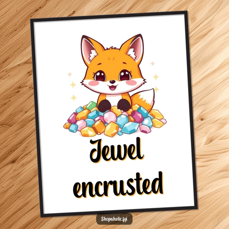 Funny digital art print: A happy fox joyfully diving into a mountain of sparkling, colorful jewels, eyes wide with wonder.