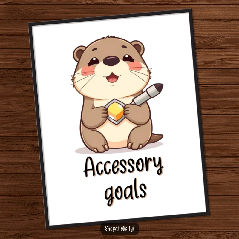 Funny Otter Digital Art Print showing a contented otter smiling while holding a shiny new accessory, humorous wall decor piece.