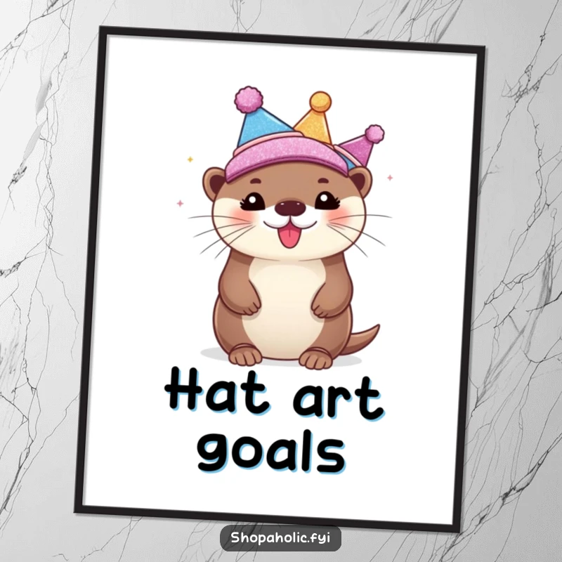 Funny Digital Art Print of a bubbly otter ecstatically trying on multiple dazzling, glittering hats, radiating happiness and playful fashion.