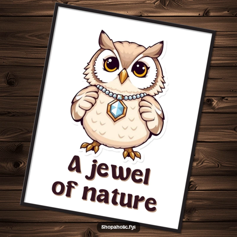 Funny Owl Jewelry Digital Art Print: A proud owl joyfully displaying fine jewelry. Elegant wall art.