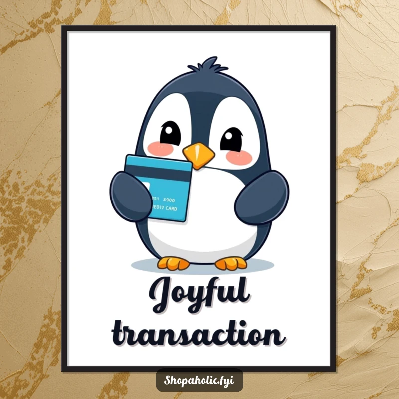 Funny digital art print of a beaming penguin holding a credit card, capturing the ultimate satisfaction of a shopping spree.