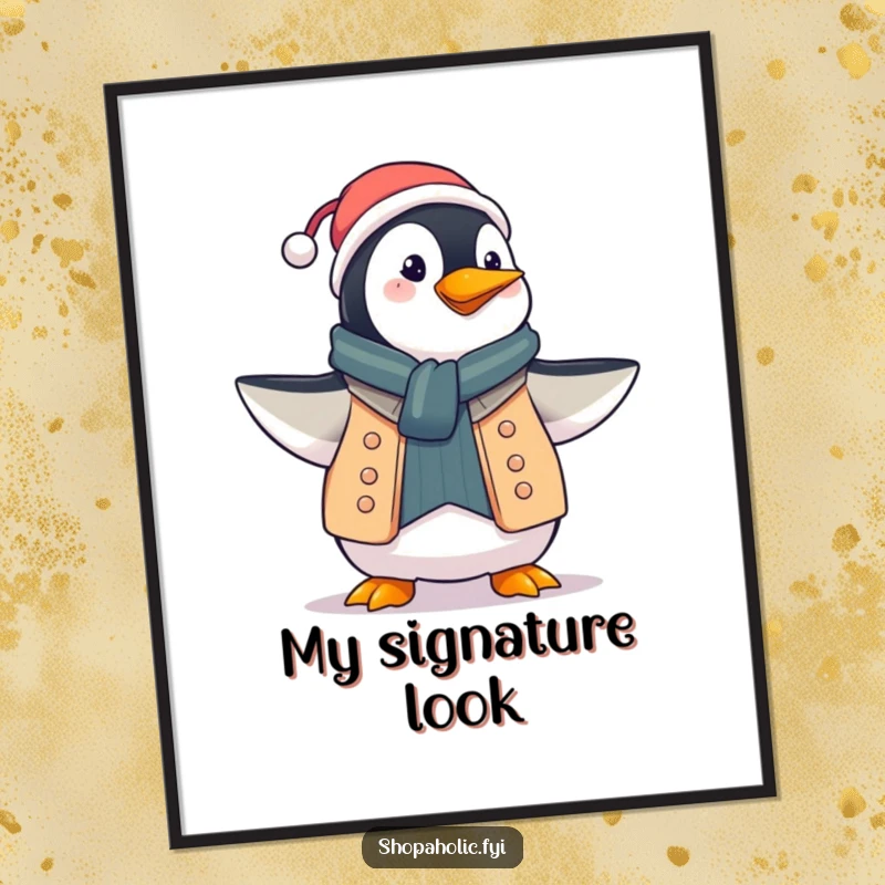 Funny penguin digital art print, proudly displaying a new outfit with a flourish, instant stylish wall art, a gift.
