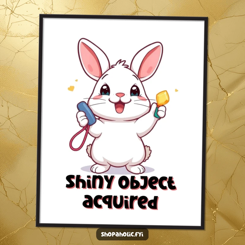 Funny Digital Art Print: An ecstatic rabbit joyfully presents a shiny new accessory, capturing a moment of pure, humorous delight.