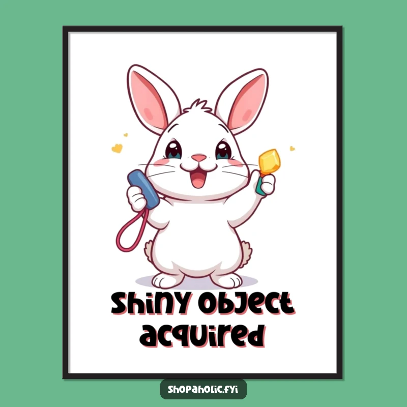 Funny Rabbit Digital Art: High-res print of excited bunny with new accessory, instant decor gift.