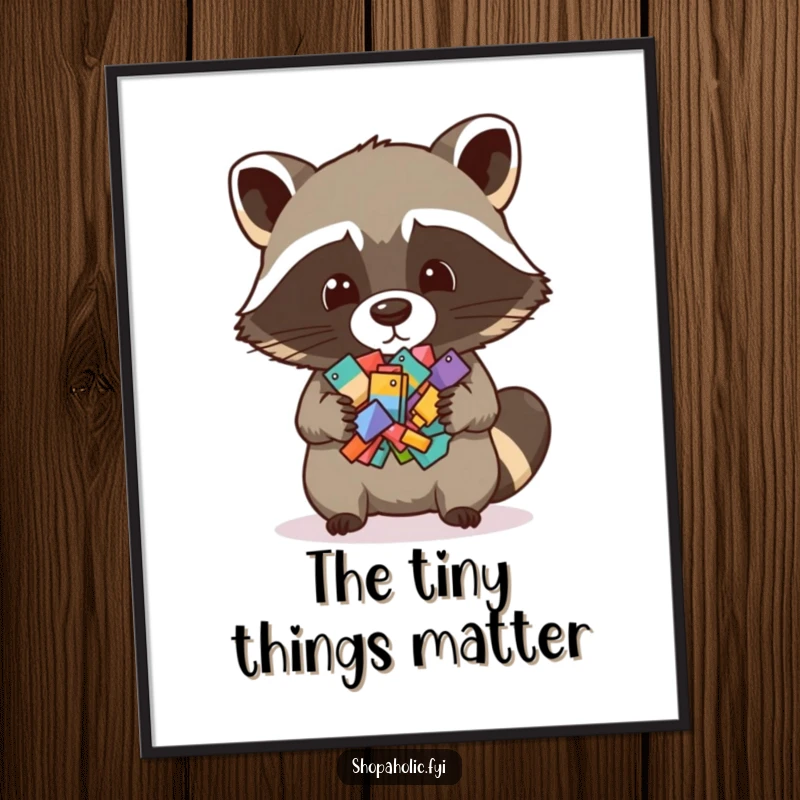 Funny digital art print of a raccoon holding a pile of tiny items, ideal for instant humorous wall decor and collectors.