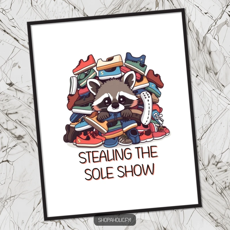 Funny Raccoon Digital Art Print: A curious raccoon peeks from behind a huge pile of shoes, offering instant downloadable humor.