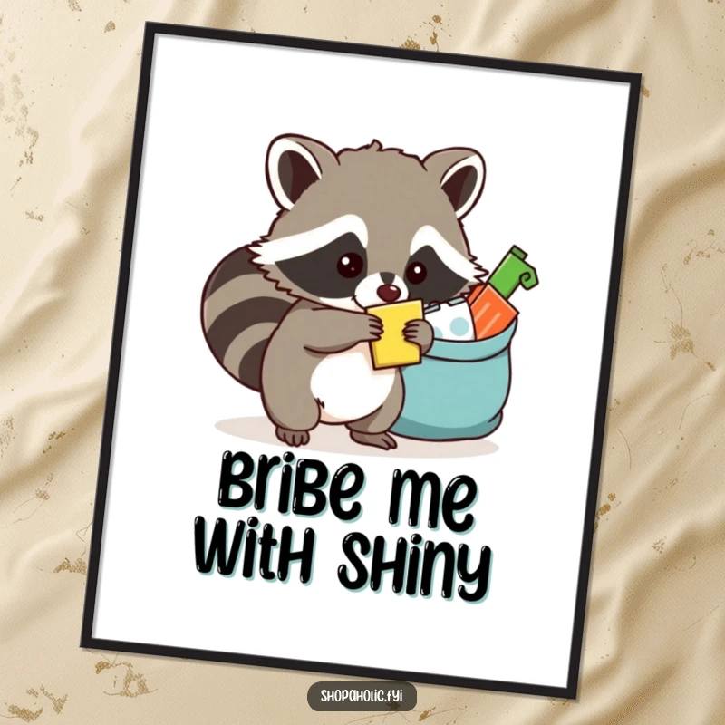 Funny raccoon digital art print of a mischievous raccoon sneaking an item into an overflowing bag, embodying playful stealth.