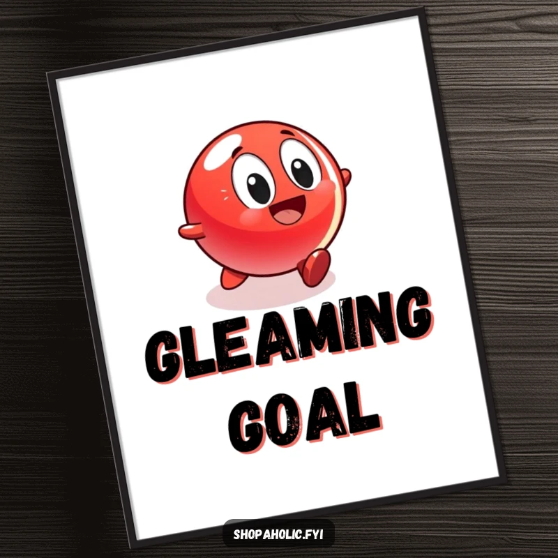 Funny digital art print of a bright red ball character in full, excited flight, rolling rapidly towards a brilliantly shiny and appealing display.