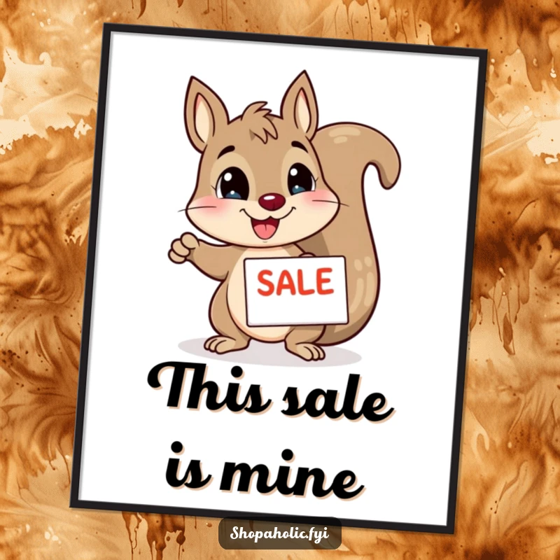 Funny squirrel digital art print, enthusiastically pointing at a sale sign, instant downloadable humor for walls, a gift.
