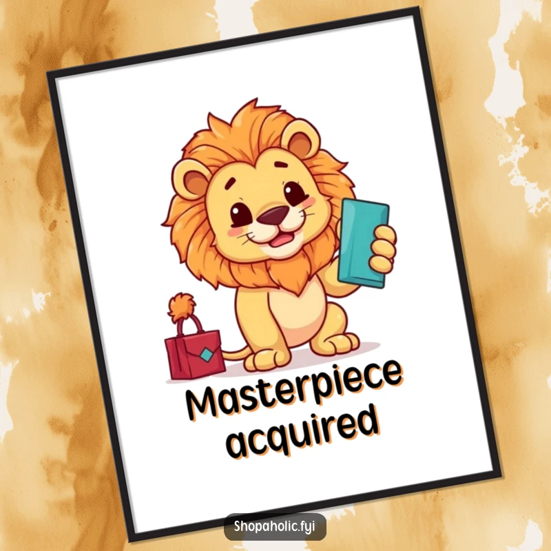 Funny digital art print of a majestic lion proudly admiring a new purchase with a stylish flourish, embodying sophistication and humor.