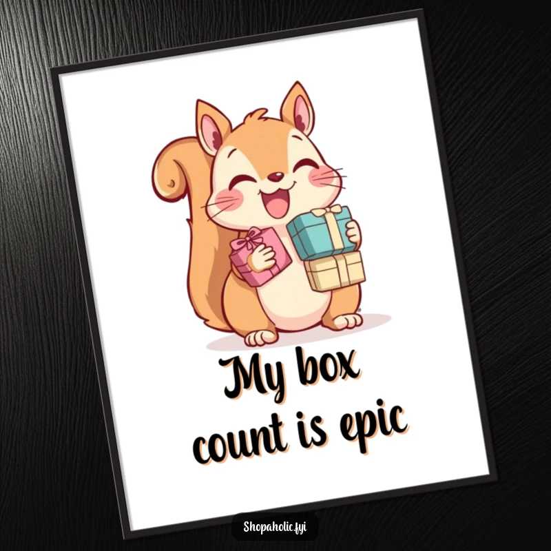 Funny Squirrel Digital Art Print: A happy squirrel joyfully clutches many tiny gift boxes, an instant downloadable piece of art.