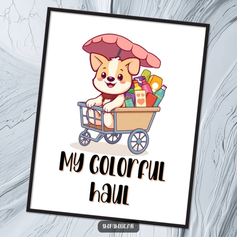 Funny Dog Digital Art Print: A smiling dog pulling a merchandise cart, bringing instant fun and humor to any room, a downloadable gift.
