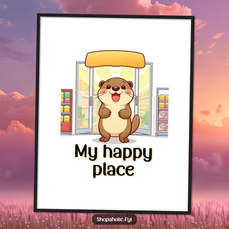 Funny otter digital art print, exiting a store with arms full, depicting pure shopping delight, instant wall art, a gift.