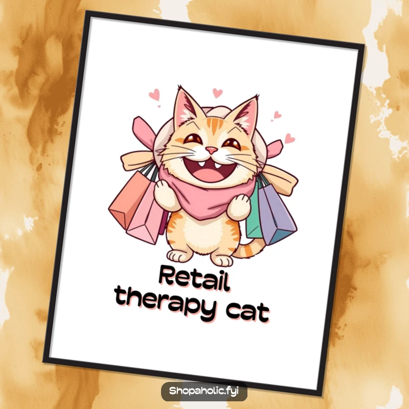 Funny digital art print of a cat with a huge grin, overloaded with shopping bags, perfect for cat lovers and shoppers.