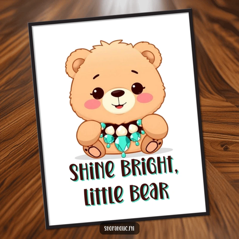 Funny Bear Fashion Digital Art Print - Hilarious artwork of a fluffy bear smiling while trying on a dazzling necklace, ready to print.