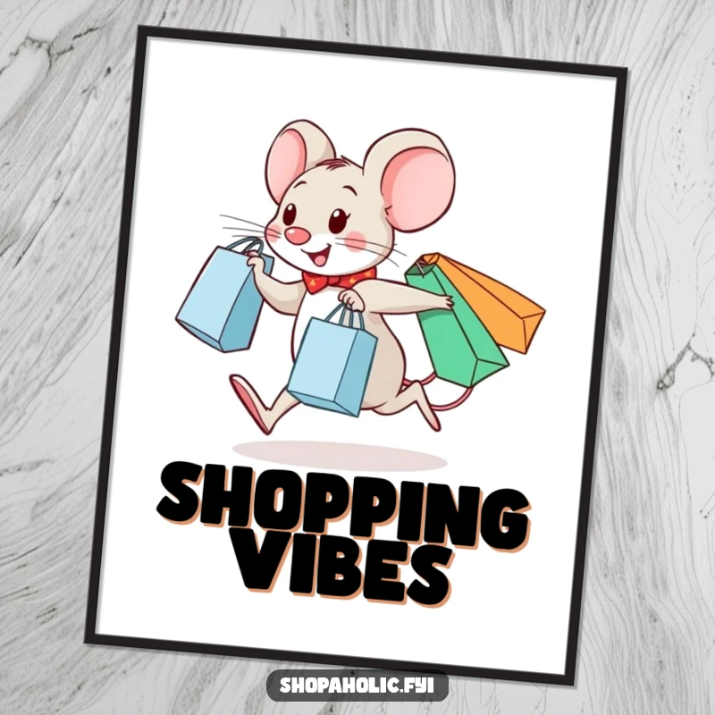 Funny digital art print of a cheerful mouse skipping with shopping bags, ready for download and display.